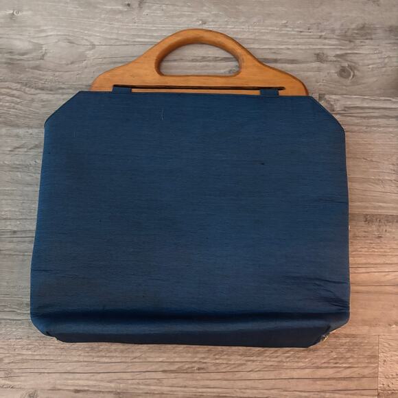 Vtg Doctor Bag Blue Satin Seashell Sequin Wood Top Handle Tote Retro Funky - Picture 2 of 10